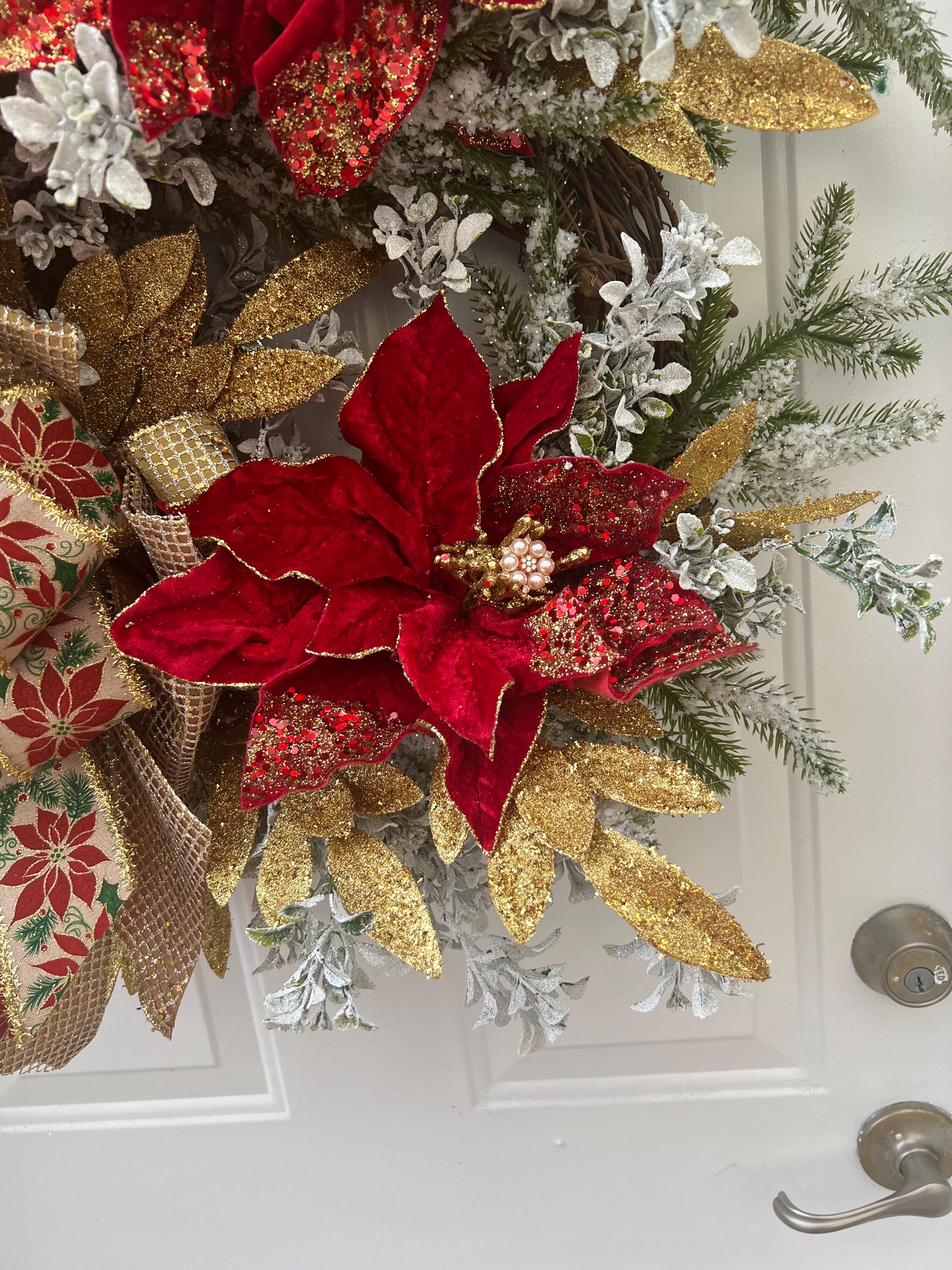 Christmas Large Red Velvet Poinsettias Made With Snowy Greenery, Gold ...