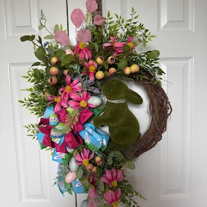 Easter Bunny Wreath made with Easter eggs, berries, coneflowers, greenery and Easter bow