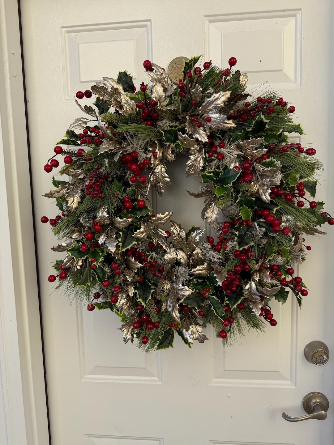 Christmas Wreath Made With Greenery, Holly, Red Berries, Gold Leaves ...