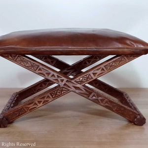 Free shipping Two-pcs Hand carved solid stools with real leather cushions handmade stools solid wood redish brown