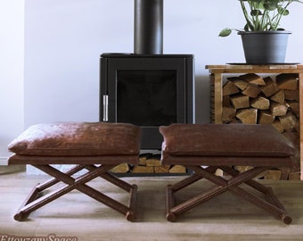 02 bancs en bois faits à la main MARRON avec coussins en cuir véritable tabourets faits à la main