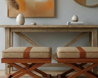 Modernes Design X Beine Hocker handgefertigt, Massivbank, zwei Hocker im Set, Leinen