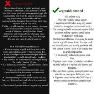 May include: Informative graphic comparing chrome-tanned and vegetable-tanned leather. The left side, marked with an 'X', details the negative aspects of chrome tanning, while the right side, with a checkmark, highlights the benefits of vegetable tanning.
