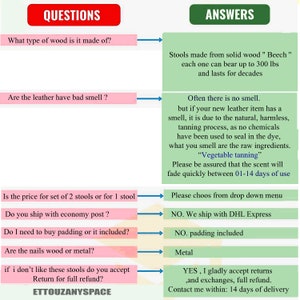 May include: A graphic with questions and answers about stools. The questions are in a red box, and the answers are in a green box. The questions cover wood type, leather smell, pricing, shipping, padding, nails, and returns.