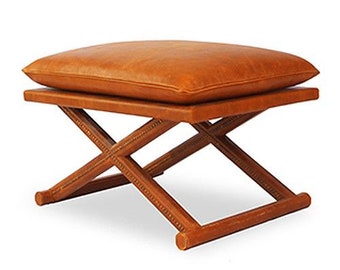 Custom Leather Ottoman Stool: Solid Wood Bench, Handmade Hassock