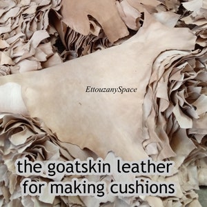May include: A pile of beige goatskin leather pieces, with irregular edges, ready for crafting cushions. The image includes the text "EttouzanySpace" and "the goatskin leather for making cushions".