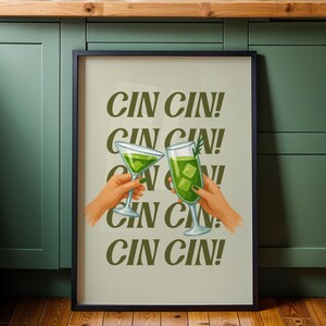 Cin Cin Cocktail Wall Art - Cheers Green Drink Print, Celebration Home Decor, Cocktail Lover Gift, Bar Art Poster, Party Vibes Artwork