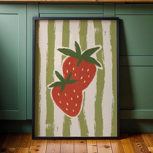 Strawberry Wall Art Printable, Cottagecore Gingham Fruit Print, Cute Red Kitchen Decor, Watercolor Digital Download
