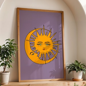 Sun And Moon Wall Art, Retro 70s Sun Moon Wall Art, Sun Print, Moon Art Print, 70s Wall Decor, Vintage Poster, Retro Home Decor, Digital Art