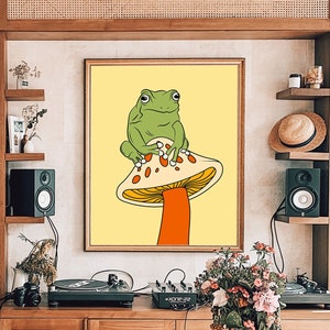 Frog Wall Art, Wall Decor, Animal Prints, Mushroom Decor, Mushroom Print, Frog, Wall Art, Hipster Animal, Cute Frog, Retro 70s Home Decor