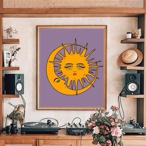 Arte de pared de sol y luna, arte de pared retro de sol y luna de los años 70, impresión de sol, impresión de arte de luna, decoración de pared de los años 70, póster vintage, decoración retro del hogar, arte digital