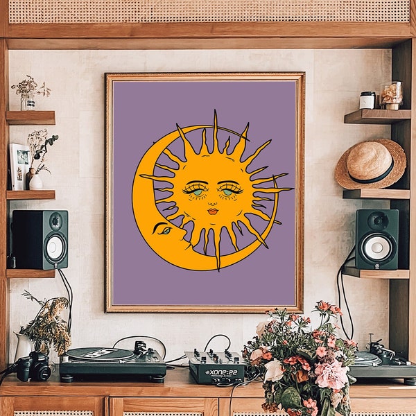Arte de la pared del sol y la luna, arte retro de la pared de la luna del sol de los años 70, impresión del sol, impresión del arte de la luna, decoración de la pared de los años 70, cartel vintage, decoración retro del hogar, arte digital
