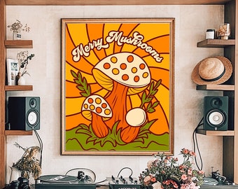 Merry Mushroom, 70s Decor, Retro 70s Inspired Poster, 70s Wall Art, Retro Home Decor, Vintage Merry Mushroom, 60s poster, Hippie Art Print