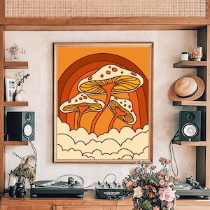 Mushroom Decor, 70s Wall Art, Mushroom Art, Rainbow Decor, Groovy Poster Print, Retro 70s Home Decor, Cloud Art, 60s Print, 70s Living Room