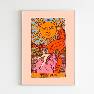 Le soleil, impression de tarot, art mural soleil, cartes de tarot, affiche vintage, décoration d'intérieur rétro, affiche de carte de tarot, le soleil, carte de tarot rétro, art mural des années 70