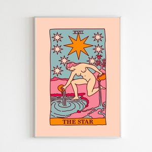 Póster de la carta del tarot, La Estrella, Carta del tarot retro, Arte mural de estrellas, Cartas del tarot, Póster vintage, Decoración retro, Arte mural de los años 70, Impresión del tarot La Estrella