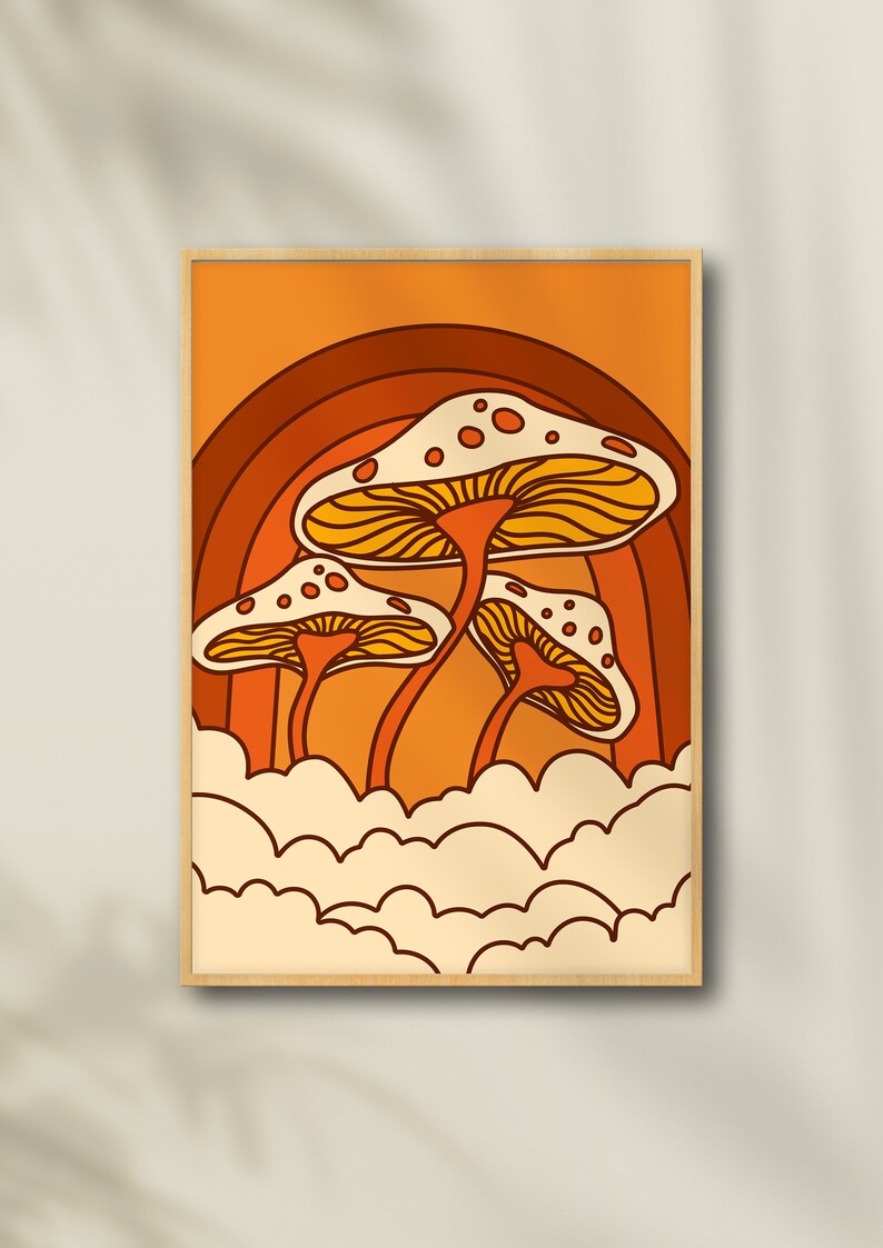 Mushroom Decor 70s Wall Art Mushroom Art Rainbow Decor Etsy