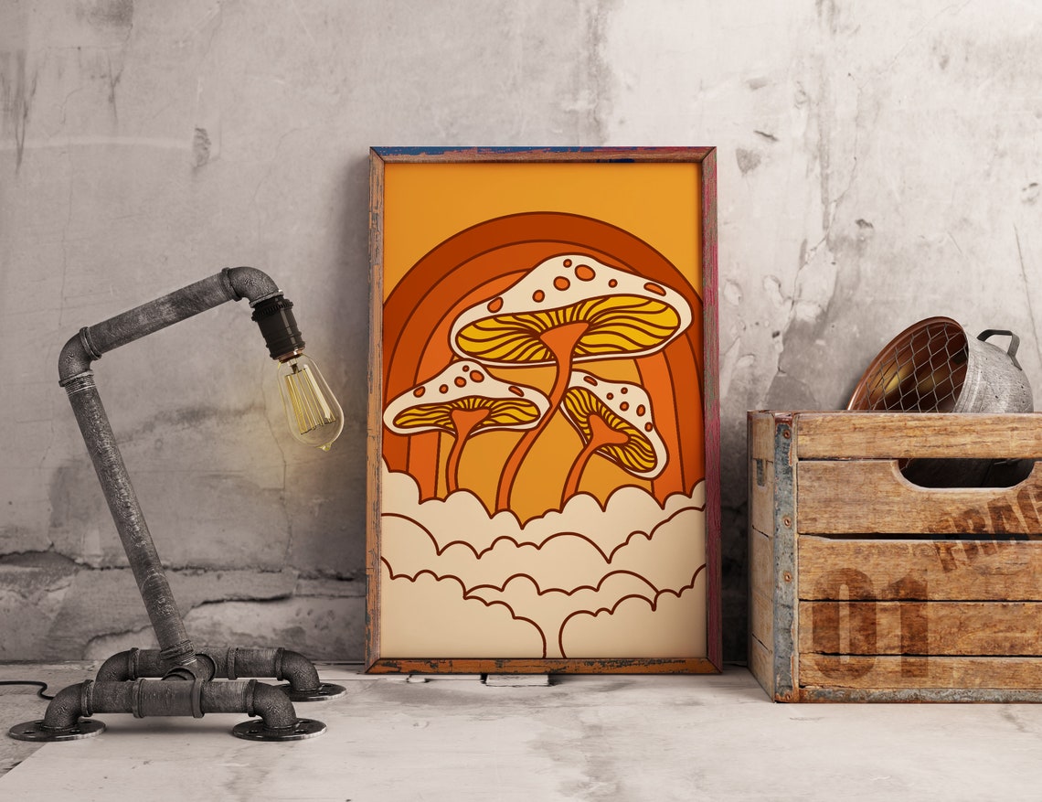 Mushroom Decor 70s Wall Art Mushroom Art Rainbow Decor - Etsy