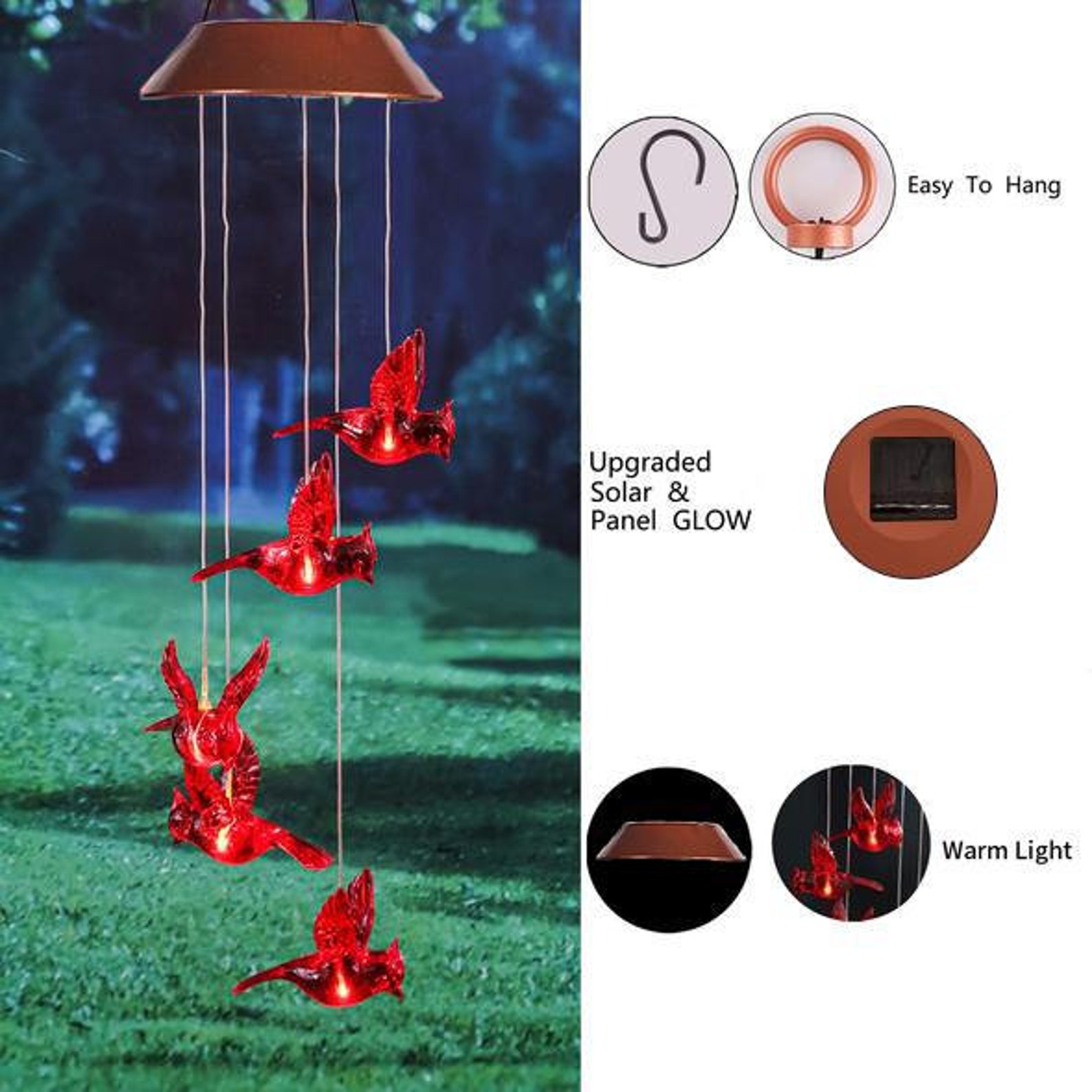 Solar Power Cardinal Red Bird Wind Chime Waterproof Outdoor Etsy