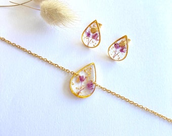 Bracelet + Gold Earrings in the shape of a Water Drop in Resin Stainless Steel & Purple Dried Flowers