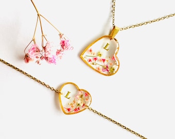 Necklace + Heart-shaped Gold Bracelet in Stainless Steel Resin & Pink and White Dried Flowers