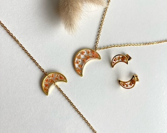 Collier + Bracelet + Boucles d'oreilles Or en forme de Lune en Acier Inoxydable Résine & petites Fleurs Séchées Oranges