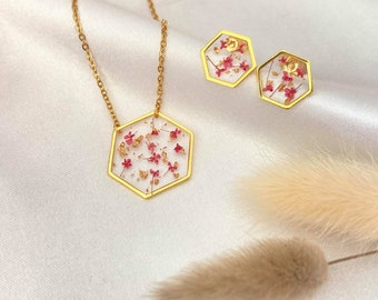 Gold Necklace + Earrings in the shape of an Octagon in Stainless Steel, Resin & Pink Dried Flowers