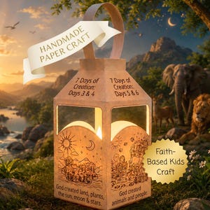 Könnte beinhalten: Eine beige Papierlaterne mit Griff, verziert mit schwarzen Strichzeichnungen und Text. Die Laterne zeigt "7 Days of Creation: Days 3 & 4" und "7 Days of Creation: Days 5 & 6" mit den Beschriftungen "God created land, plants, the sun, moon & stars" und "God created animals and people."