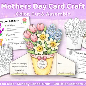 May include: A Mother's Day card craft with the text "Mothers Day Card Craft Color, Cut & Assemble". The card features a colorful floral arrangement and a fill-in-the-blank section. Includes a handprint flower pot and a black and white coloring page.