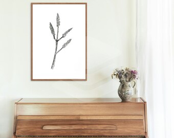 May include: A black and white line drawing of a flower branch with multiple buds, framed in a light wood frame, hanging on a white wall above a wooden piano.