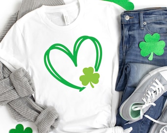 St. Patrick's Day Shirt, Shamrock And Hand Drawn Heart St Patty's Day Shirt, St Patrick's Day shirt for women, Shamrock tee,Four Leaf Clover