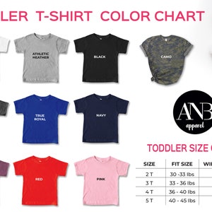 May include: Color chart for toddler t-shirts with 10 different color options, including white, black, navy, red, pink, heather gray, true royal, camo, and heather maroon. The chart also includes a size chart with corresponding weight ranges and measurements in inches.