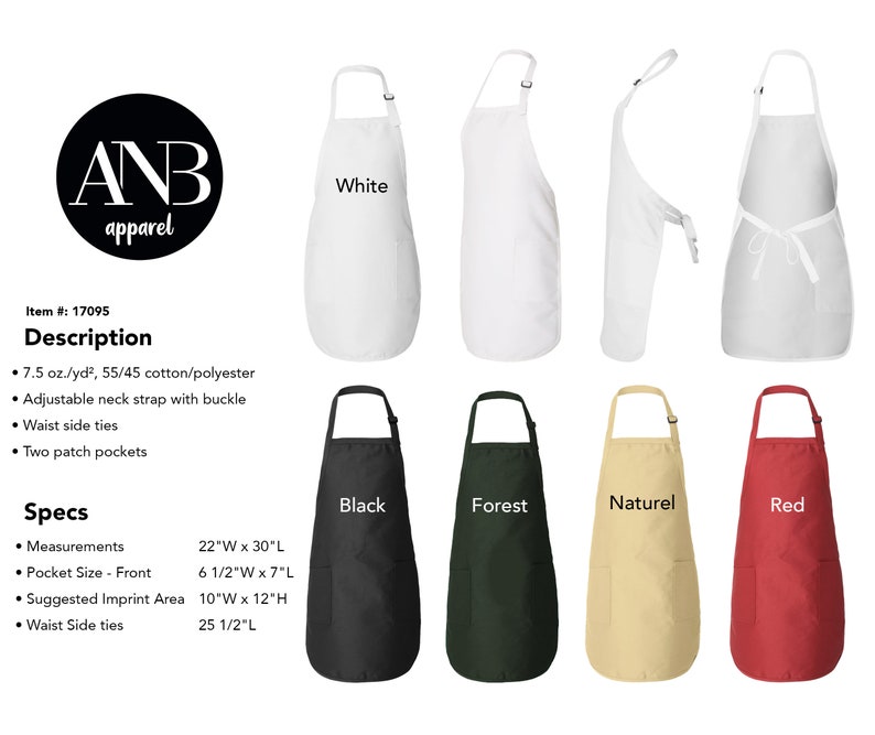 May include: Five different coloured aprons with adjustable neck straps and waist ties. The aprons are 56 cm wide by 76 cm long. The colours are white, black, forest green, natural, and red.