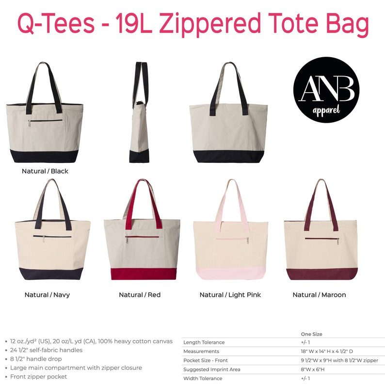 May include: A set of five zippered tote bags in different color combinations. The bags are made of natural canvas with a zippered main compartment and a front pocket. The bags are available in black, navy, red, light pink, and maroon.