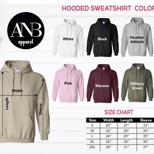 May include: Hooded sweatshirt color chart with 10 different colors: white, black, heather athletic, sand, pink, maroon, military green, navy, beige, and gray. Size chart with measurements in inches for width, length, and sleeve length for sizes S, M, L, XL, and 2XL.