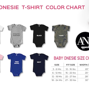 May include: A color chart for baby onesies with different colors and sizes. The chart shows the colors white, athletic heather, black, camo, pink, true royal, and navy. The size chart shows the size in months, the weight range, and the width and length of the onesie in inches.