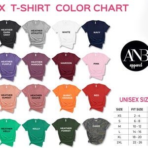 May include: A unisex t-shirt color chart with 16 different color options, including black, white, navy, maroon, pink, red, yellow, kelly green, and more. The chart also includes a size chart with measurements in inches. The chart is labeled "Unisex T-Shirt Color Chart" and "Unisex Size Chart".