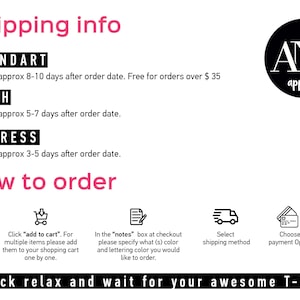 May include: A graphic with the text "Shipping info" and "How to order" with instructions on how to order a t-shirt. The graphic also includes the text "ANB apparel".