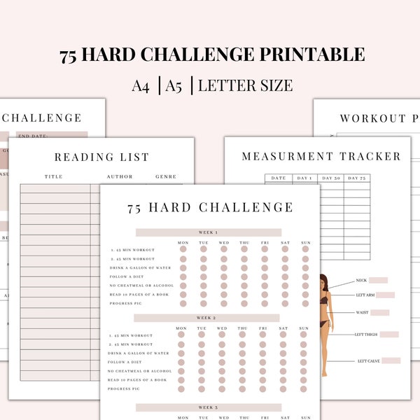 75 Hard Challenge Tracker | Fitness & Health Planner | Challenge Tracker Printable | Instant Download | PDF | A4 | A5 | Letter size