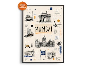 Mumbai-Reiseposter | Handgezeichnete Illustration | Stadtbild | Wanddekoration für Reisende | Wohnaccessoires | Geschenk für Reisende