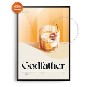 Midcentury Godfather Cocktail Poster, Godfather Cocktail Print, Cocktail Kitchen Art, Cocktail Recipe Poster, Cocktail Gift Art, Retro