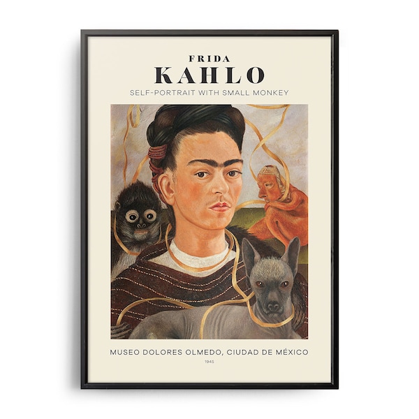 Frida Kahlo Selbstportrait mit kleinem Affen Mid-Century KunstPoster, Berühmtes Gemälde, Berühmtes Künstler Wanddekor, Museum Wandkunst, Ausstellung