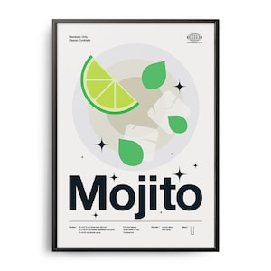 Póster de cóctel mojito de mediados de siglo, impresión de cóctel mojito, arte de cocina con cócteles, póster de receta de cóctel mojito, arte de regalo de cóctel mojito