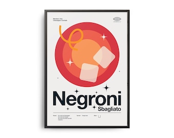 Midcentury Negroni Sbagliato Cocktail Poster, Negroni Sbagliato Cocktailtryck, Cocktailkökskonst, Cocktailreceptaffisch, Cocktailgåva