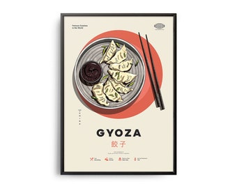 May include: A poster with a minimalist design featuring a plate of gyoza dumplings with a side of dipping sauce and chopsticks. The poster is titled "GYOZA" with the Japanese characters for gyoza below. The poster is part of a series called "Famous Cuisines in the World".
