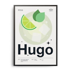 Midcentury Hugo Cocktail Poster, Hugo Cocktail Druck, Cocktail Küchenkunst, Cocktailrezept Poster, Cocktailgeschenk Kunstposter, Hugo Cocktail