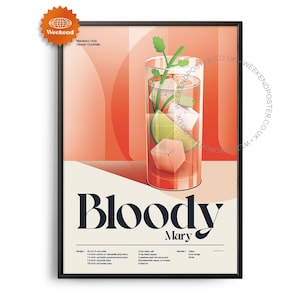 Póster de cóctel Bloody Mary de mediados de siglo, impresión de cóctel Bloody Mary, arte de cocina de cócteles, póster de recetas de cócteles, arte de regalo de cócteles, cocina