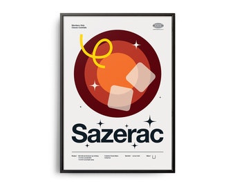 Midcentury Sazerac Cocktail Poster, Sazerac Cocktail Print, Cocktail Kitchen Art, Sazerac Cocktail Recipe Poster, Sazerac Cocktail Gift Art