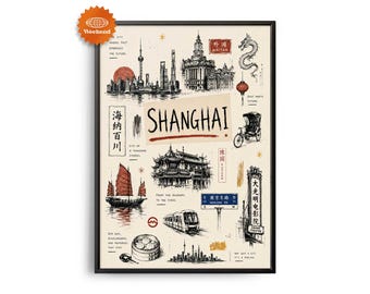 Shanghai-Reiseposter | Handgezeichnete Illustration | Stadtbild | Wanddekoration für Reisende | Wohnaccessoires | Geschenk für Reisende
