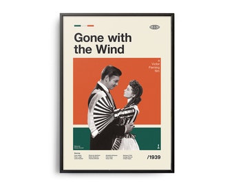 May include: A vintage movie poster for the film "Gone with the Wind", a Victor Fleming film from 1939. The poster features a black and white image of Clark Gable and Vivien Leigh in a romantic embrace, set against a red, green, and white background.